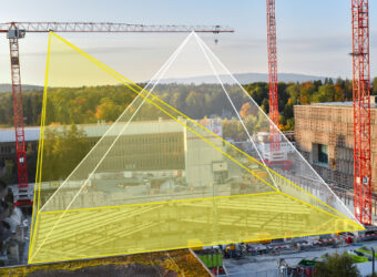 avisec Construction Crane Camera: gelber Kegel zeigt das Sichtfeld auf der Baustelle – Illustration