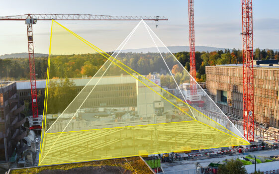 avisec Construction Crane Camera: gelber Kegel zeigt das Sichtfeld auf der Baustelle – Illustration