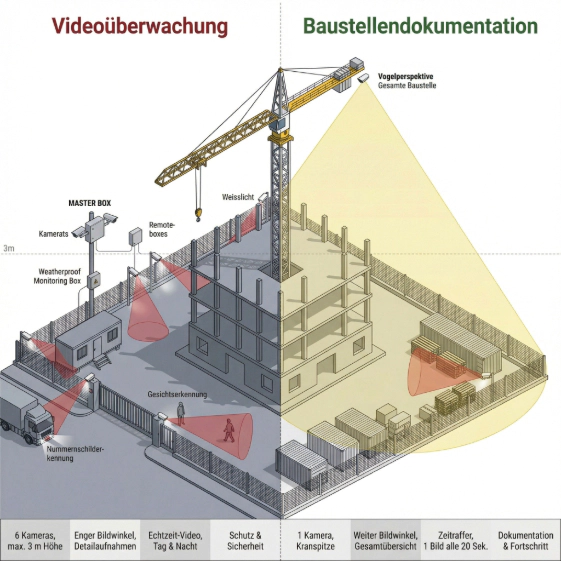 Vergleich zwischen Baustellendokumentation und Videoüberwachung auf einer Baustelle – Illustration