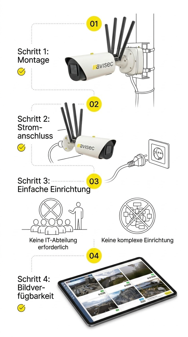avisec Construction Camera: 3-Schritt-Anleitung von Beratung über Montage zum Live-Feed – Illustration