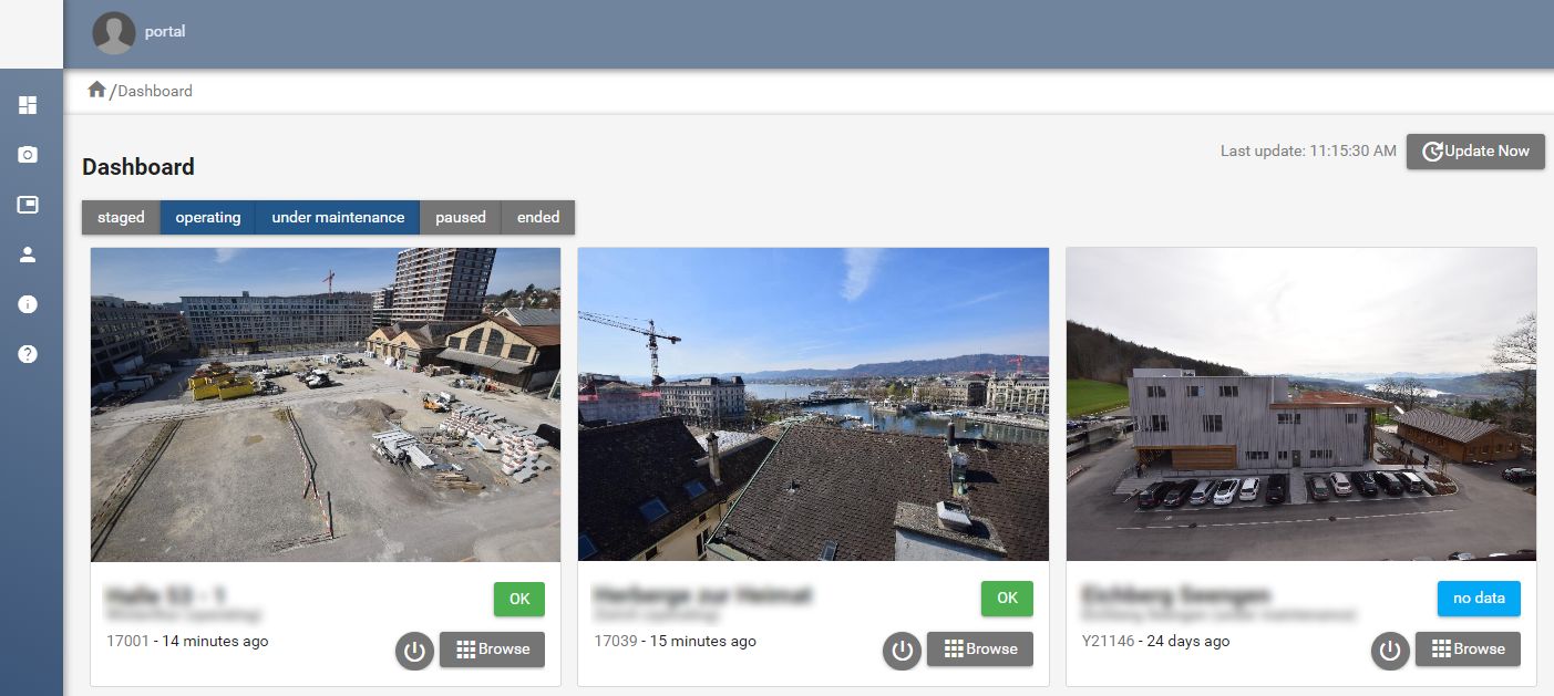 Overview over three cameras on the home dashboard in the avisec cloud cockpit