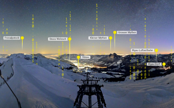 avisec panorama : panorama nocturne de montagnes enneigées avec points d'intérêt – Capture d'écran