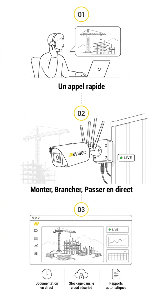 avisec Construction Camera : processus en 4 étapes, de la commande au live feed – Illustration