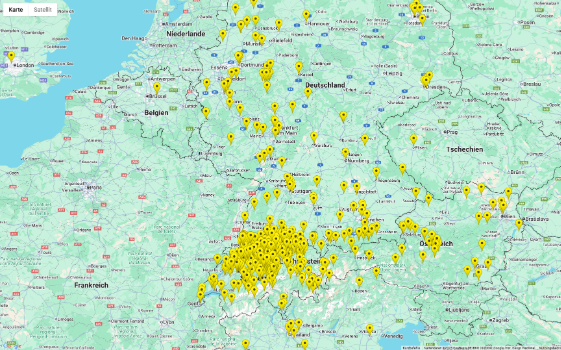 Mappa dell'Europa centrale con numerosi indicatori di posizione gialli – Illustrazione