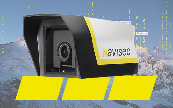 avisec panorama: montagne innevate con grafica gialla e punti di interesse evidenziati – Illustrazione