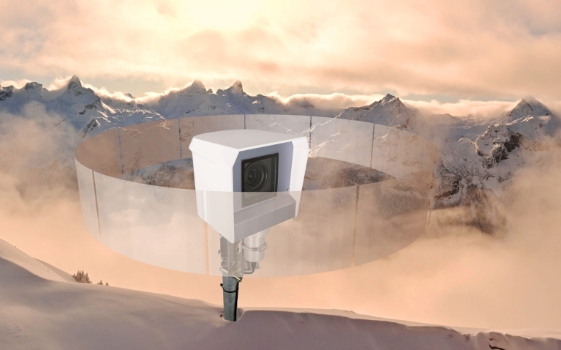 avisec Panorama Webcam 360: montagna innevata con cerchio che mostra la copertura 360° – Illustrazione