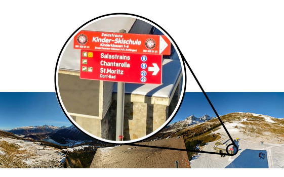 avisec Panorama Webcam 360: cartello da sci ingrandito in un'immagine 360° – Screenshot