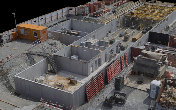 avisec Construction Crane Camera: vista 3D di un cantiere con pareti in calcestruzzo – Illustrazione