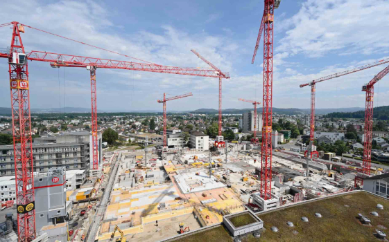 Grande cantiere: diverse gru rosse davanti a una città – Foto di riferimento